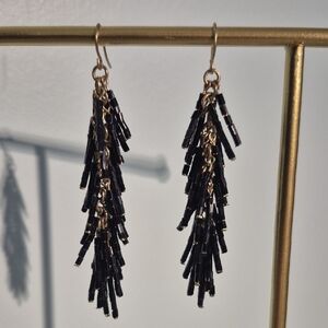 Vintage Black and Gold Dangle Beaded Fringe Earrings